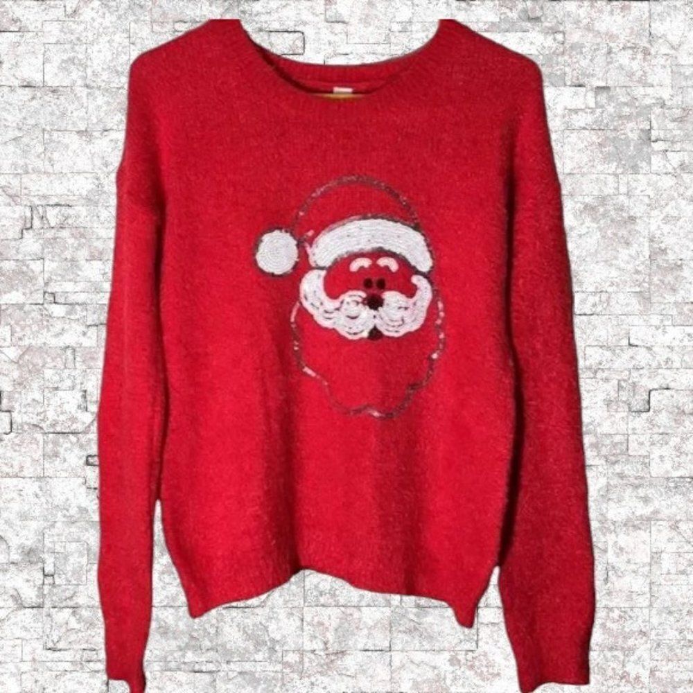 No Boundaries Soft Fuzzy Crewneck Sequin Santa Sweater Christmas Holiday Medium